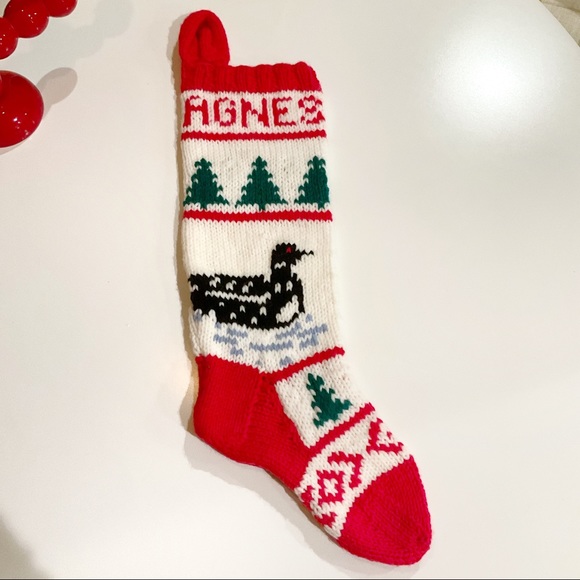 Vintage Other - VTG Knit Christmas Stocking, personalized “Agnes”, Loon & Pine Trees